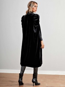 Tie Front Puff Sleeve Velvet Cape Coat