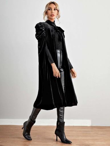 Tie Front Puff Sleeve Velvet Cape Coat