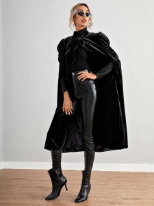 Tie Front Puff Sleeve Velvet Cape Coat