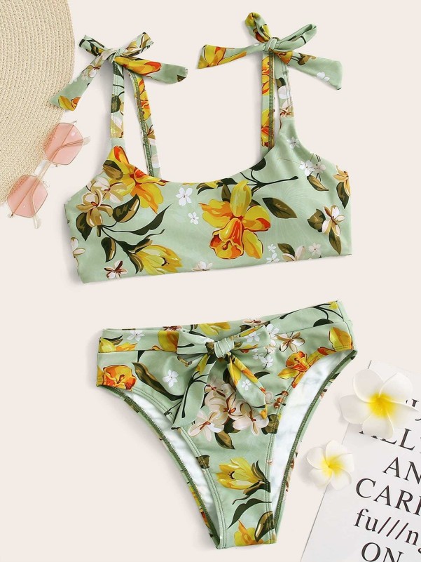 Tie Shoulder Random Floral Bikini Swimsuit