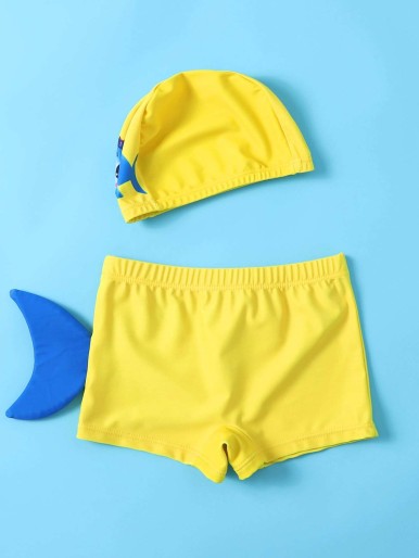 Toddler Boys Cartoon Graphic Swim Shorts With Swim Cap