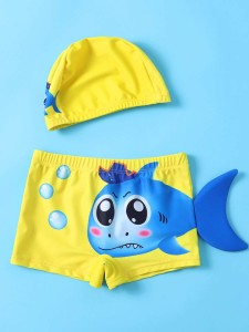 Toddler Boys Cartoon Graphic Swim Shorts With Swim Cap