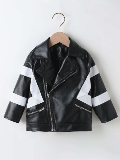 Toddler Boys Varsity Striped Zip Up PU Moto Jacket