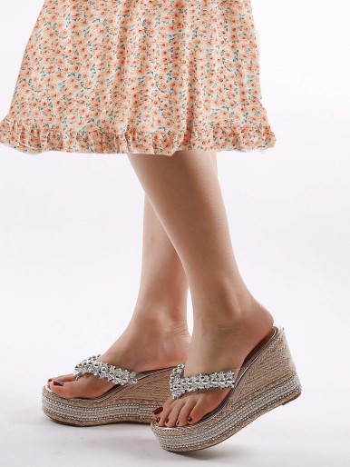 Toe Post Bead Decor Espadrille Wedges