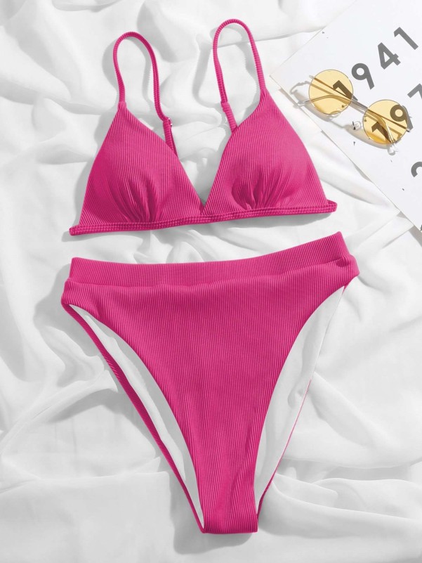 Rib Triangle High Waisted Bikini Swimsuit