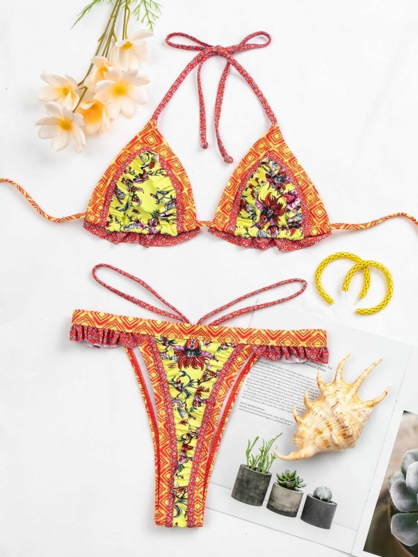 Tribal And Floral Triangle Thong Bikini Swimsuit