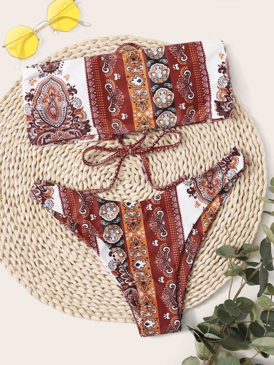 Tribal Bandeau High Leg Bikini Swimsuit