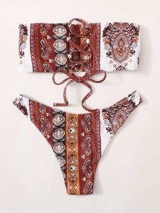 Tribal Bandeau High Leg Bikini Swimsuit