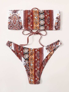 Tribal Bandeau High Leg Bikini Swimsuit