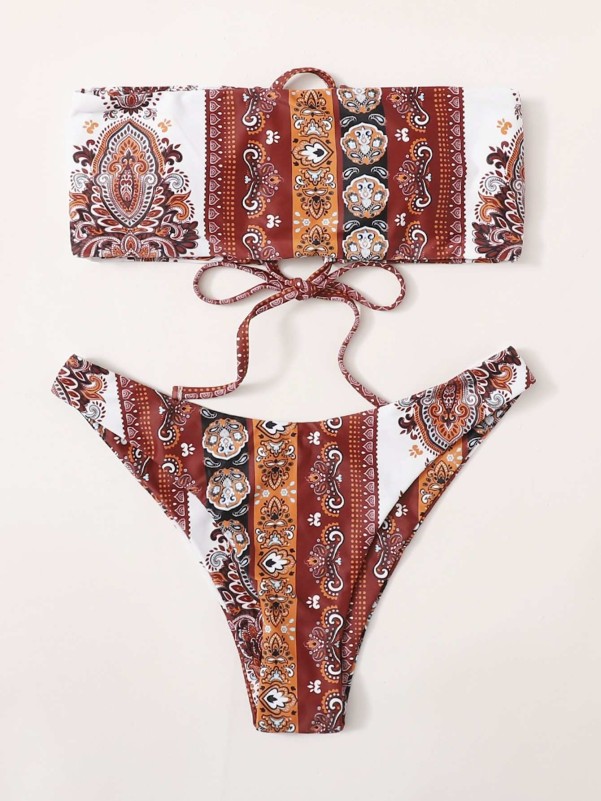 Tribal Bandeau High Leg Bikini Swimsuit