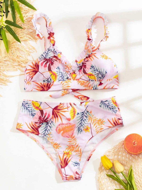 Tropical Frill Trim Bikini Swimsuit