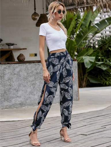 Tropical Print Knot Hem Split Pants