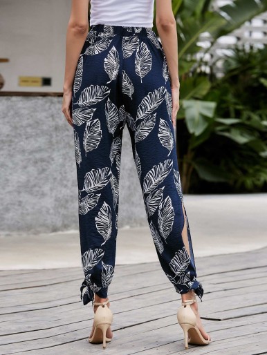 Tropical Print Knot Hem Split Pants