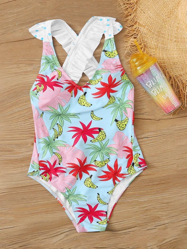 Tropical Ruffle Cross Back One Piece Swimsuit