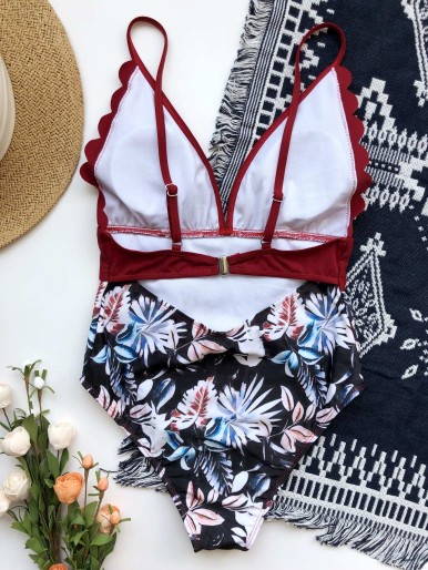 Tropical Scalloped Trim One Piece Swimsuit