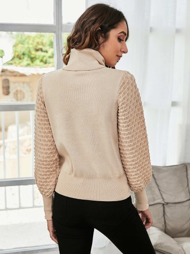 Turtle Neck Texture Sleeve Solid Sweater