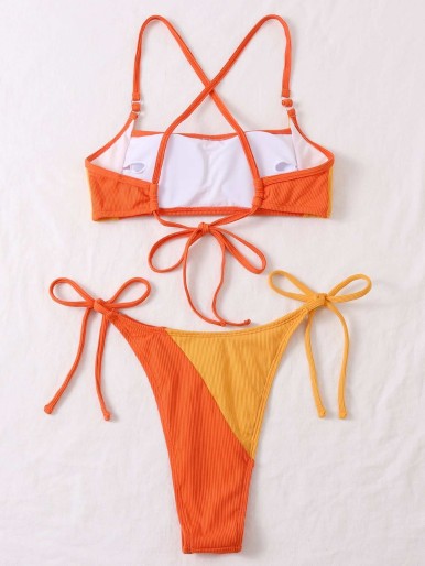 Two Tone Criss Cross Tie Side Bikini Swimsuit