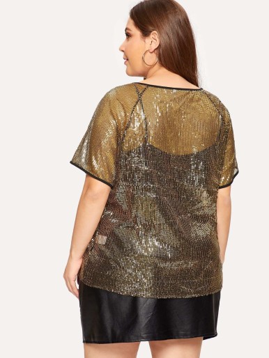 SHEIN Plus Size Contrast Sequin Panel Batwing Sleeve Top Women