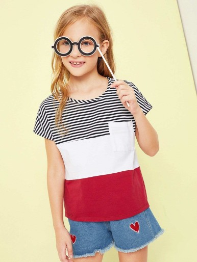 Girls Pocket Patched Cut and Sew Tee