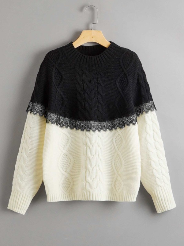 Two Tone Lace Panel Cable Knit Sweater