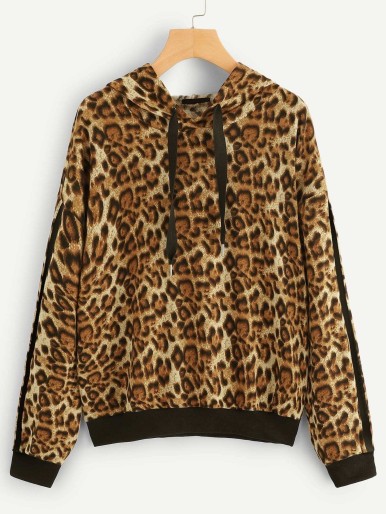 Drop Shoulder Leopard Hoodie