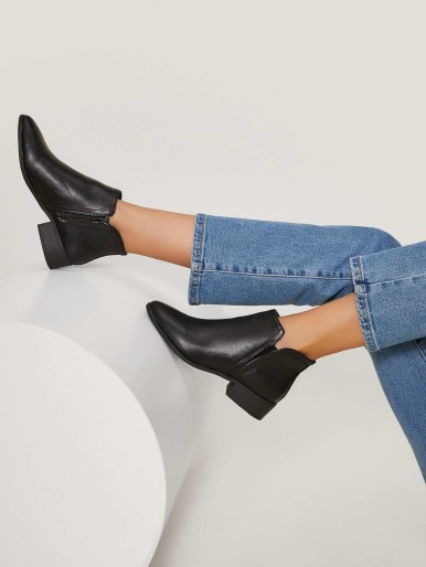 Vegan Leather Almond Toe Low Stacked Heel Boots