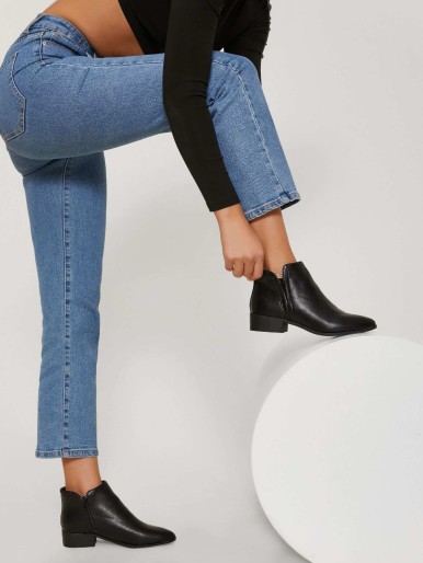 Vegan Leather Almond Toe Low Stacked Heel Boots