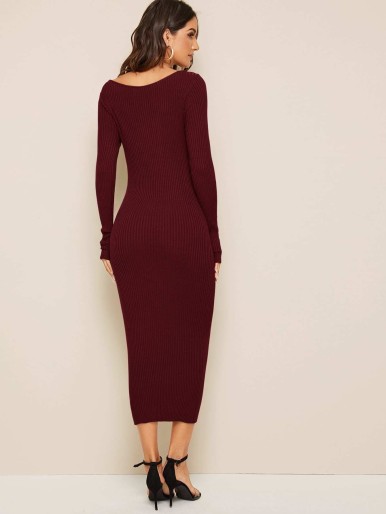 V-neck Rib-Knit Sweater Dress Without Belted