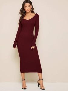 V-neck Rib-Knit Sweater Dress Without Belted