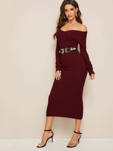 V-neck Rib-Knit Sweater Dress Without Belted