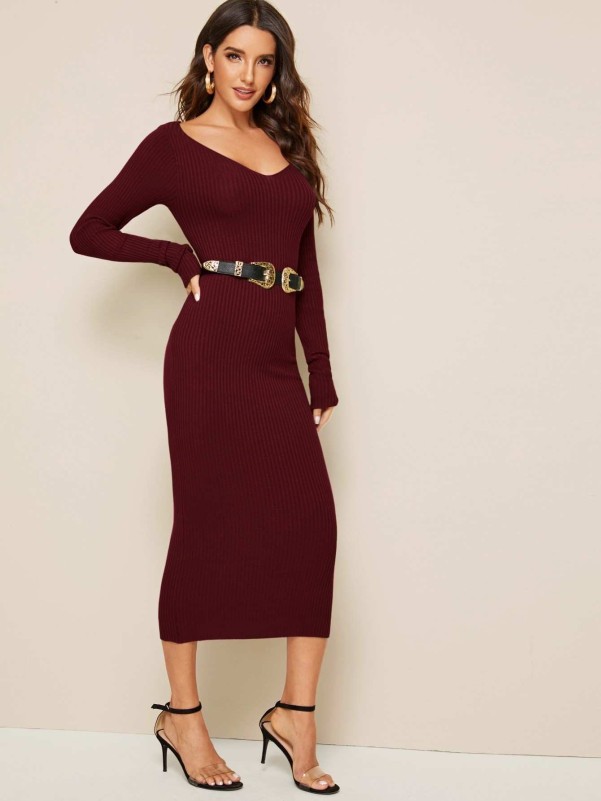 V-neck Rib-Knit Sweater Dress Without Belted