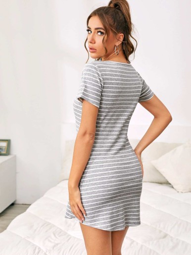 V-neck Striped Rib-Knit Lounge Dress