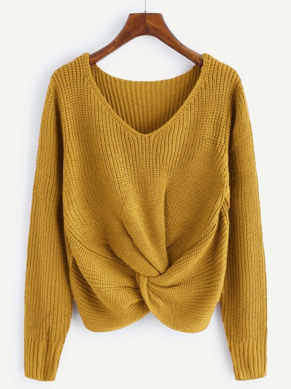 V neckline clearance twist front sweater