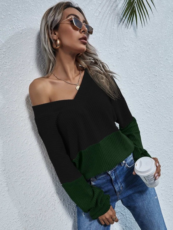 Waffle Knit Colorblock Pullover