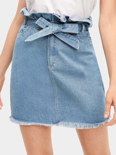 Waist Tie Raw Hem Ruffle Denim Skirt