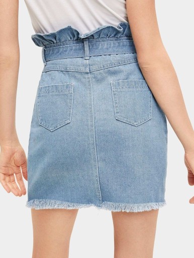 Waist Tie Raw Hem Ruffle Denim Skirt