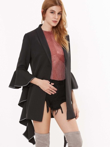 Contrast Piping Dramatic Fluted Sleeve Blazer