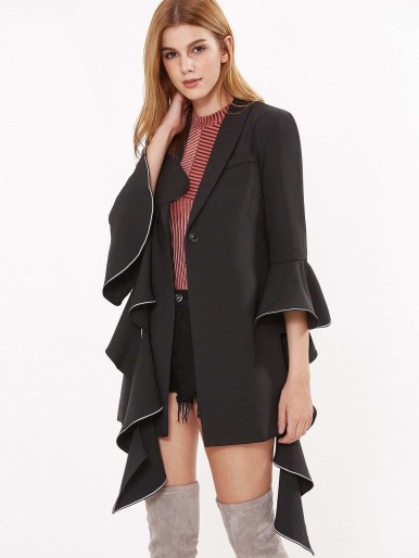 Contrast Piping Dramatic Fluted Sleeve Blazer