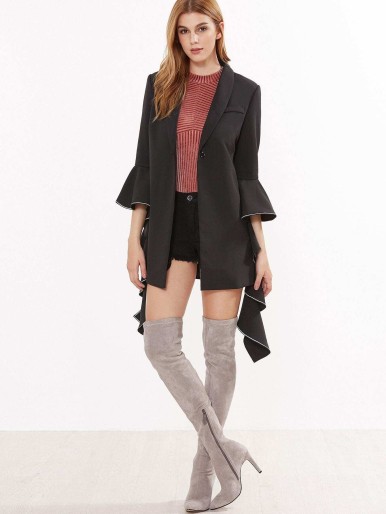 Contrast Piping Dramatic Fluted Sleeve Blazer