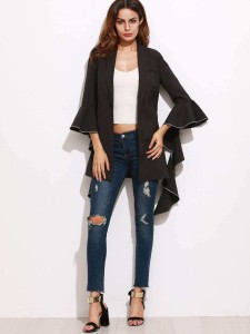 Contrast Piping Dramatic Fluted Sleeve Blazer