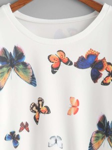 White Butterfly Print Drop Shoulder Sweatshirt