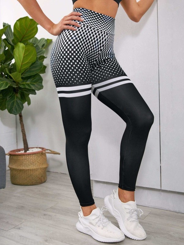 Wide Band Waist Checked Sports Leggings