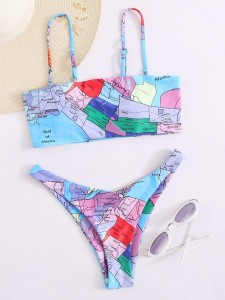 World Map Print High Leg Bikini Swimsuit