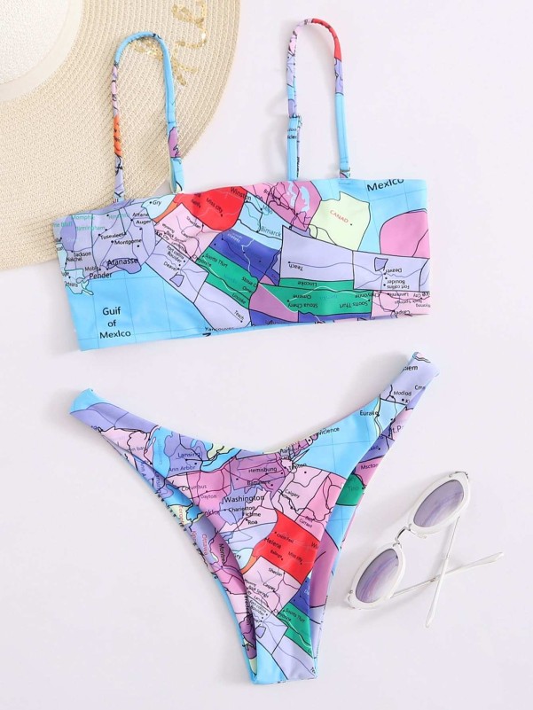 World Map Print High Leg Bikini Swimsuit