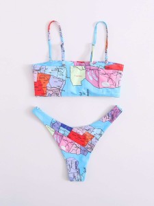 World Map Print High Leg Bikini Swimsuit