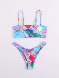 World Map Print High Leg Bikini Swimsuit