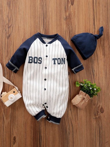 Yierying Baby Boy Striped Baseball Jumpsuit With Hat