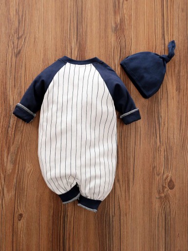 Yierying Baby Boy Striped Baseball Jumpsuit With Hat