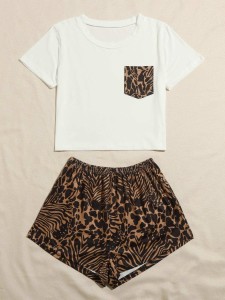 Zebra Stripe And Leopard Pocket Patched PJ Set