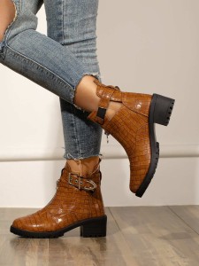 Zip Front Croc Embossed Ankle Boots